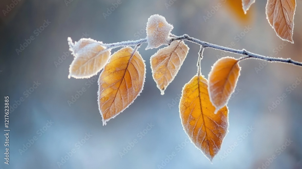 Poster frosted autumn leaves on a branch with a blurred background and copy space for text placement