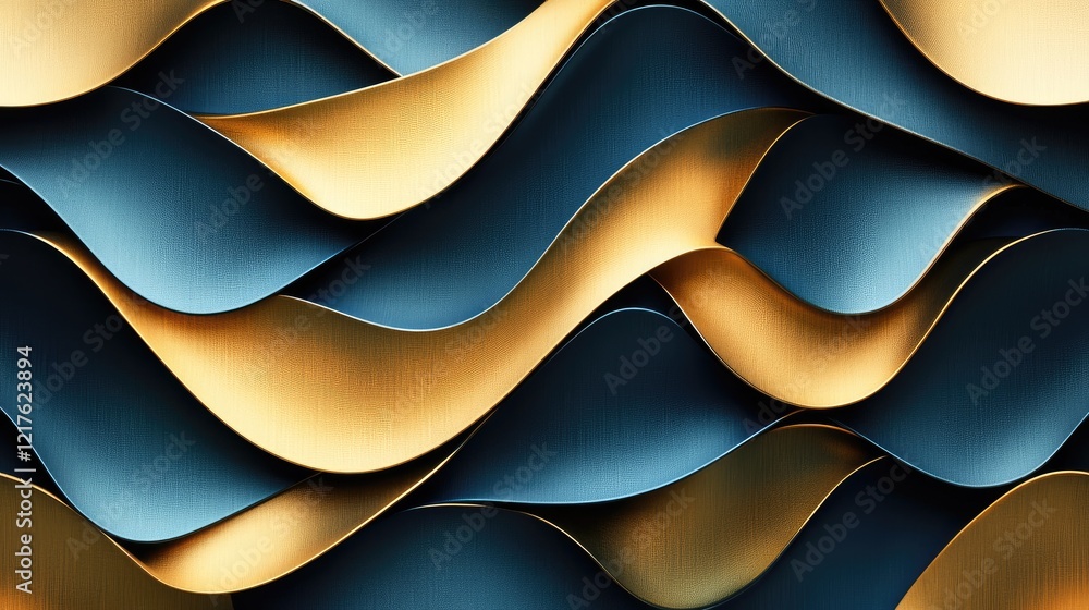 Poster abstract wavy patterns in gold and blue colors with copy space for design and marketing applications