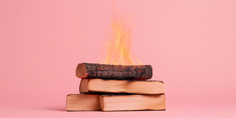 Burning log atop a stack of books against a pink backdrop. A striking visual metaphor for knowledge consumption or the destructive power of fire.