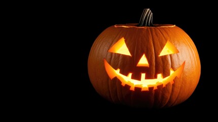 Fototapeta premium Carved pumpkin with a smiling face on a black background with Copy Space for text