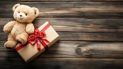 Obraz premium Teddy bear plush toy with gift box and red ribbon on rustic wooden background Copy Space
