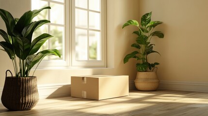 Indoor scene with a minimalist design featuring a cardboard box and potted plants near a window with natural light and copy space.