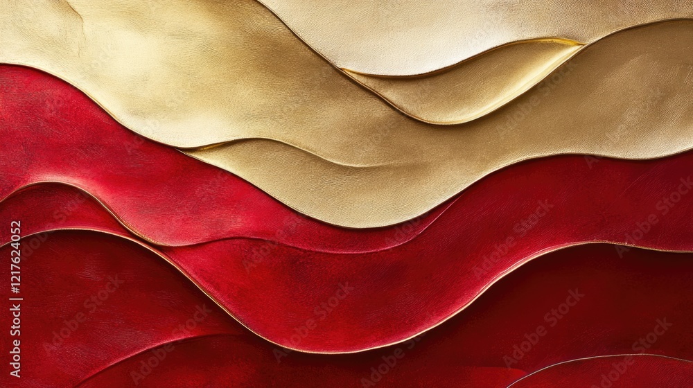 Poster textured wavy layers of red and gold leather with smooth gradients and copy space for text placement