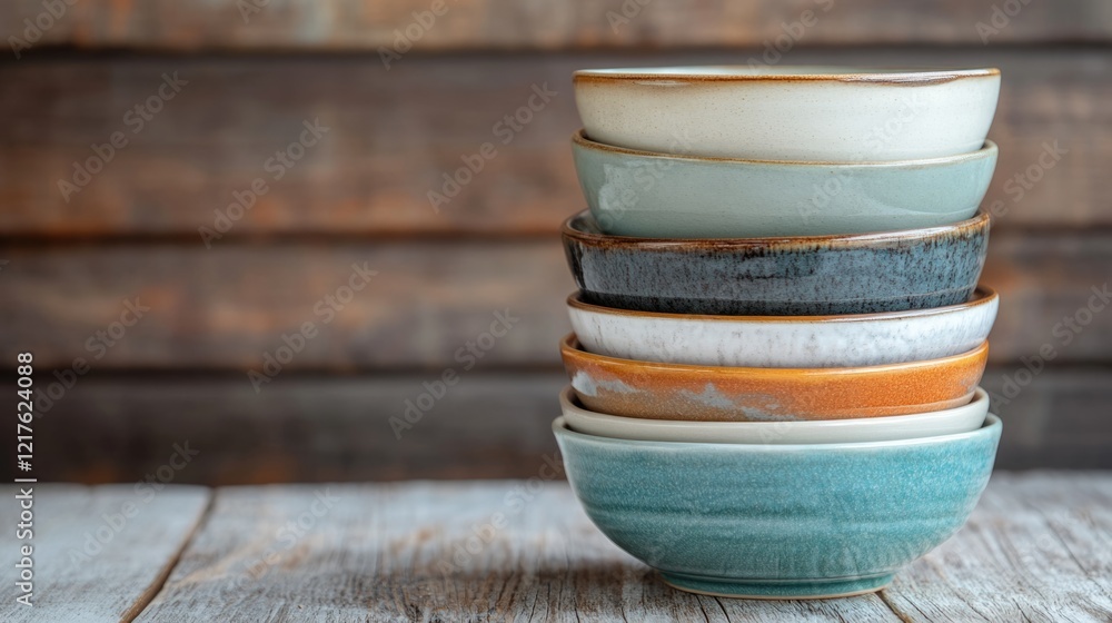 Poster stack of assorted ceramic bowls in varying colors and designs on a rustic wooden background with cop