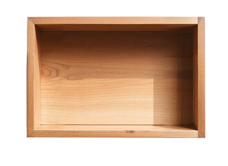 Empty wooden box displaying light and shadow on white background
