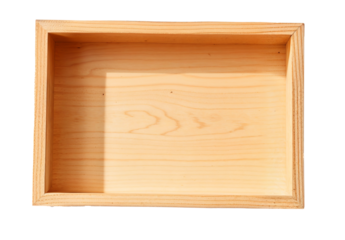 Empty wooden box on white background casting shadow