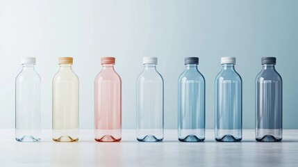 Clear plastic bottles in a gradient of colors arranged on a light background with Copy Space for text.