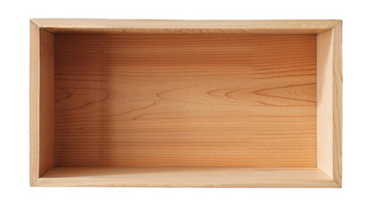 Empty wooden box presenting light natural wood grain on white background