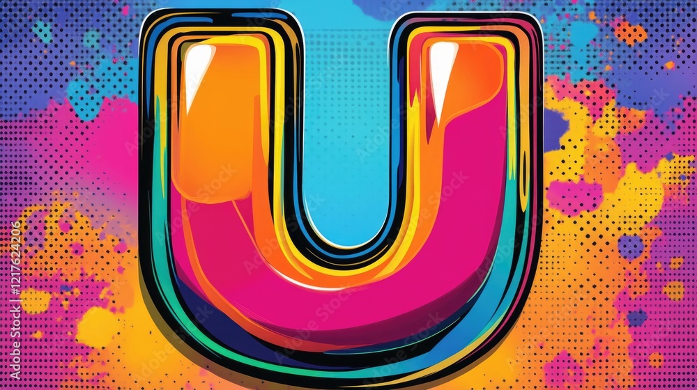 Poster colorful stylized letter u with vibrant splashes and halftone pattern background showcasing a dynami