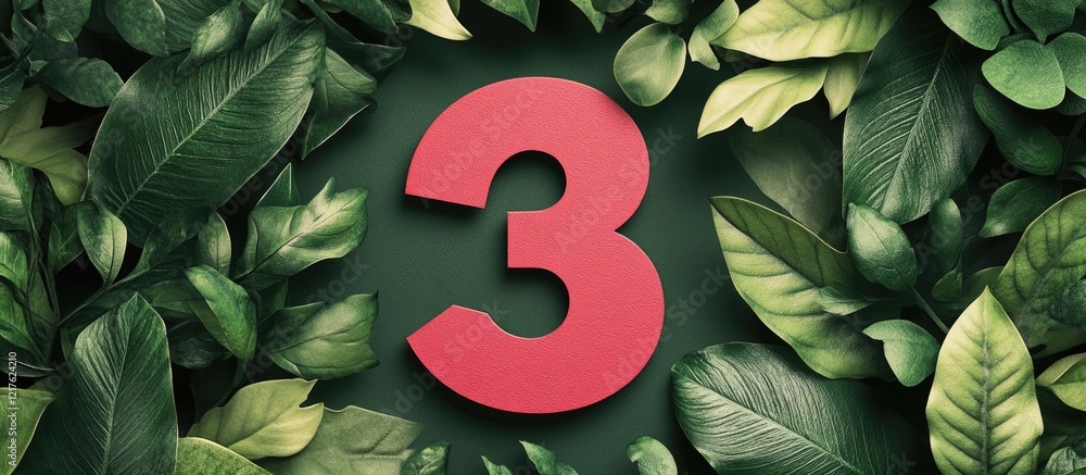 Aufkleber number three in bold red on a green leafy background with copy space for text placement