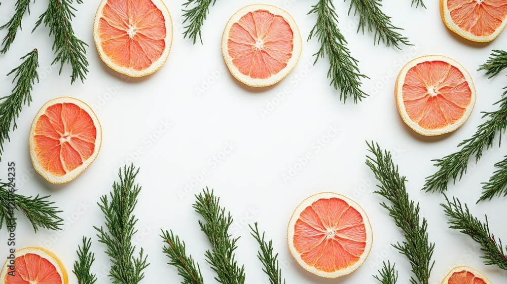 Poster grapefruit slices arranged with green foliage against a white background with copy space for text in
