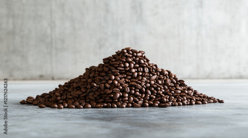 Poster coffee beans pile on a textured surface with concrete background and ample copy space for text place