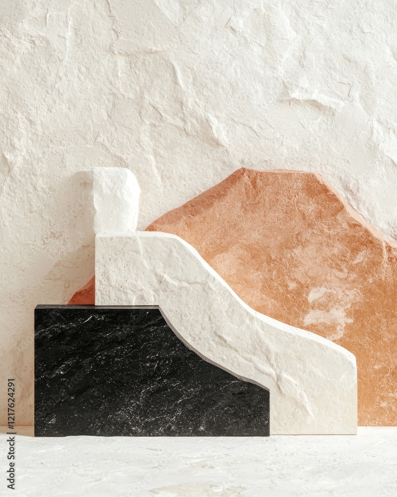 Poster minimalist layers of textured forms contemporary studio modern art serene environment elevated viewp