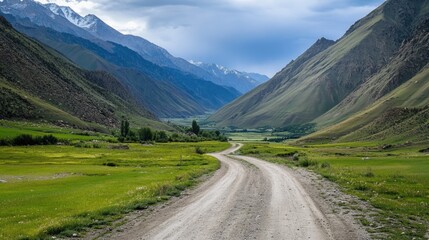 Dirt road winding through lush green valley with mountains under cloudy sky Copy Space