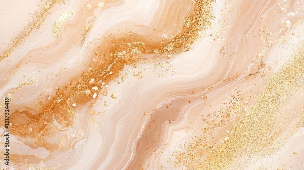 Poster abstract marble texture in soft beige and gold tones with glitter accents and copy space for text pl