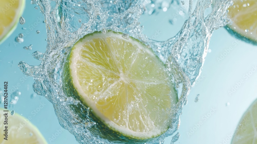 Poster fresh lime slices splashing into clear water with bubbles and drops on a light blue background copy 