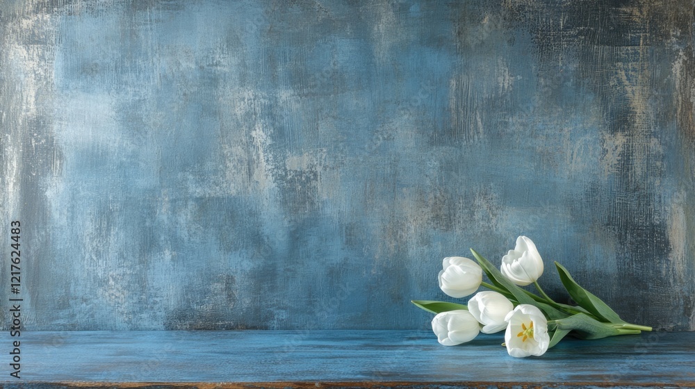Poster white tulips on a rustic wooden table against a blue textured background with copy space for text