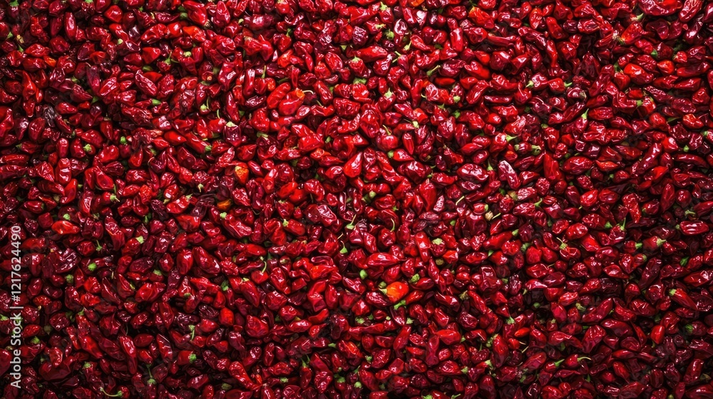 Poster vibrant red dried chili peppers arranged in a dense layer with natural texture and colors copy space