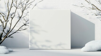 Minimalist winter scene featuring a blank white canvas surrounded by snow-covered branches and snow mounds with copy space for text.