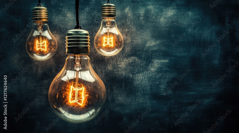 Poster vintage edison bulbs hanging against a dark textured background with a soft glowing effect and ample