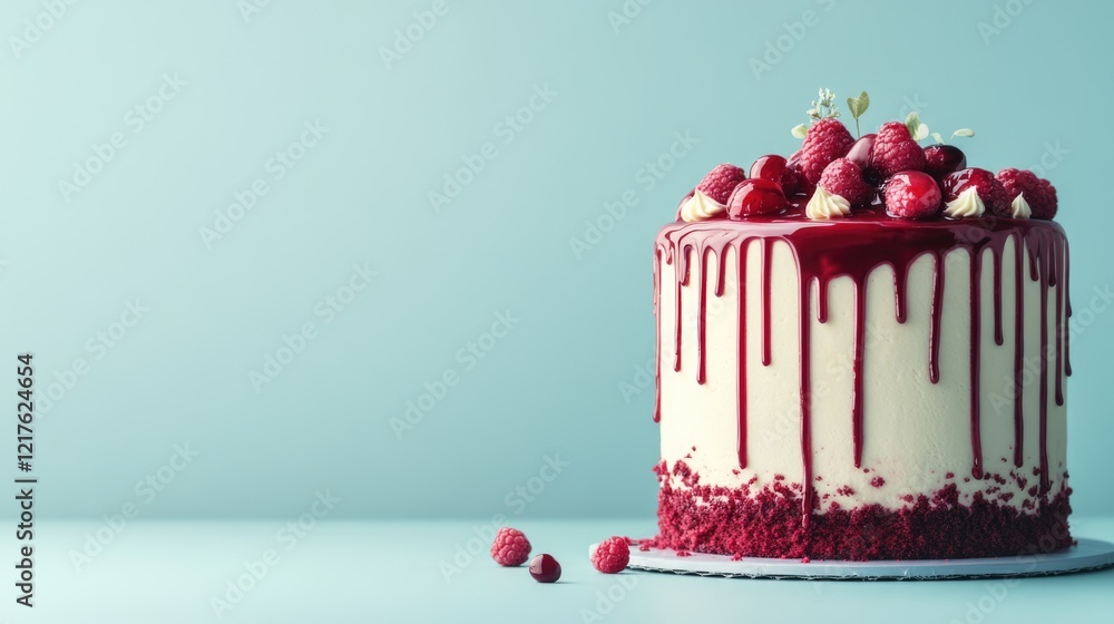 Poster red velvet cake with cream cheese frosting topped with fresh raspberries and raspberry sauce on a li