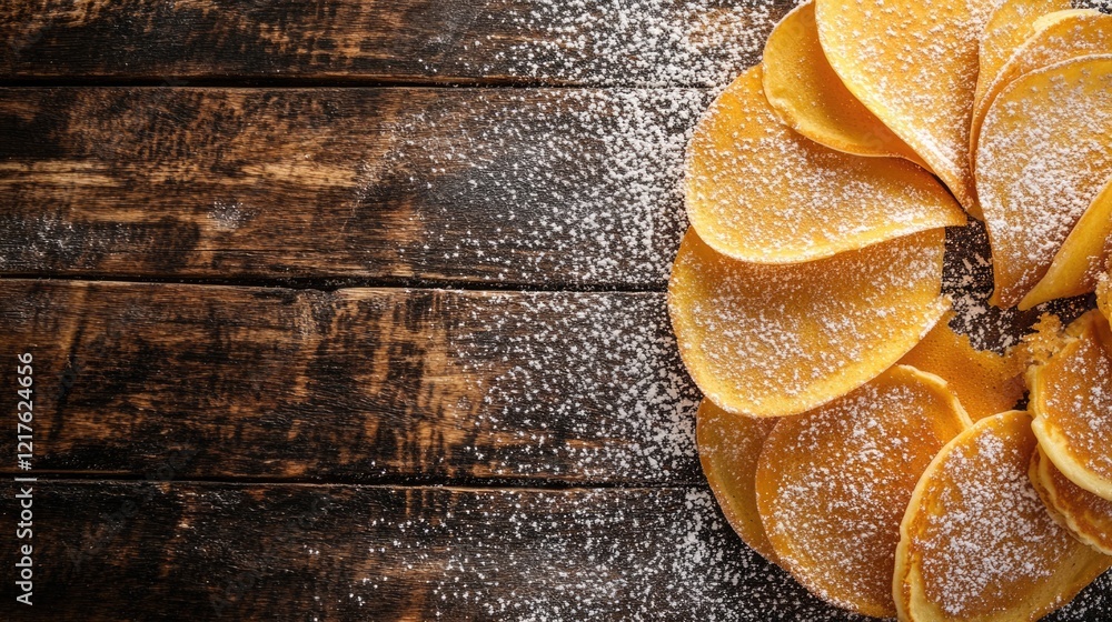 Poster pancake stack with powdered sugar on rustic wooden table with ample copy space for text or branding