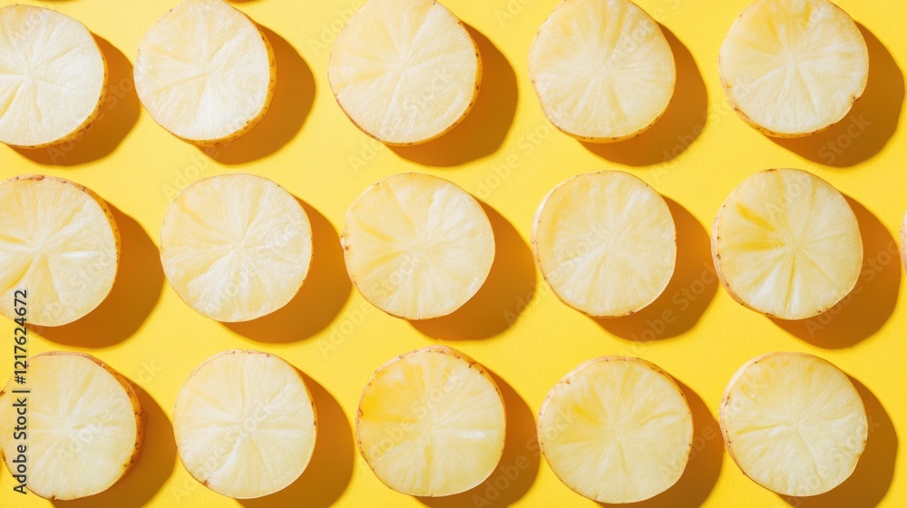 Poster sliced lemons arranged in a pattern on a bright yellow background with copy space for text placement