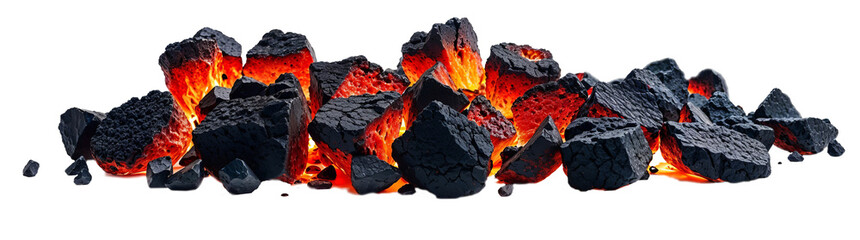 Burning coal embers glowing on white background