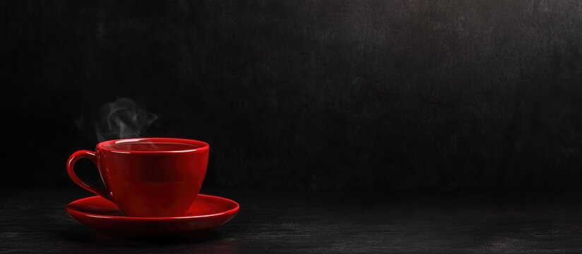 Red coffee cup with saucer on black background with steam rising and ample copy space for text
