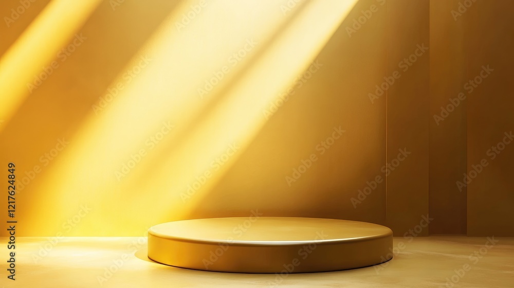 Poster golden illuminated empty display pedestal with soft shadows and copy space for product placement or 