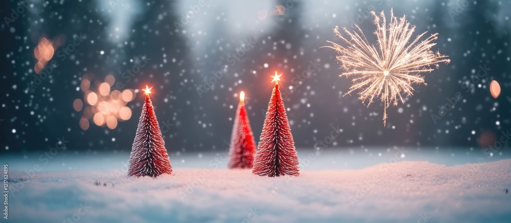 Poster christmas trees with glowing lights in the snow surrounded by falling snowflakes and festive firewor