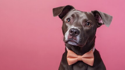 Dog wearing a bow tie against a pink background with Copy Space for text or graphics