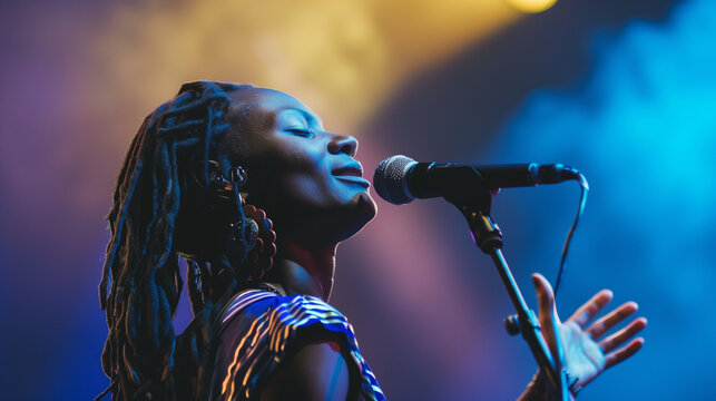 Female singer performing on stage under blue stage lighting.