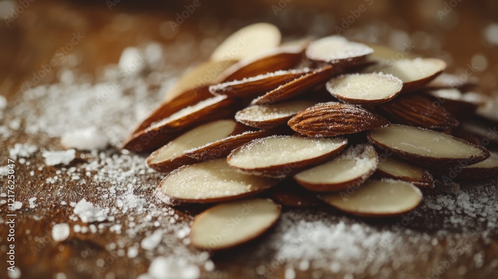 Poster sliced almonds with sugar on a wooden surface with additional sugar sprinkles and rustic background 