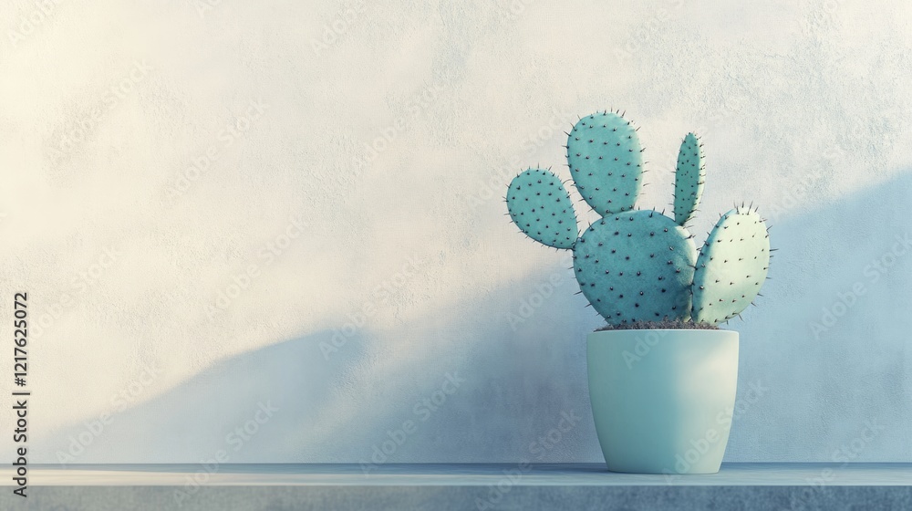 Poster cactus in a white pot placed on a gray shelf against a soft textured wall with ample copy space for 