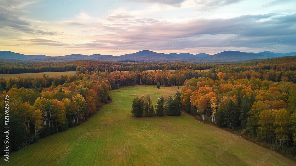 Poster aerial view of autumn landscape with colorful trees, rolling hills, and open field under cloudy sky,