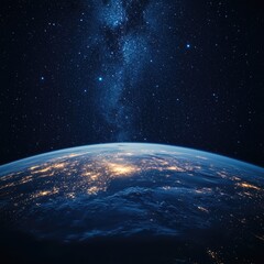 Obraz premium View of Earth from space at night with glowing city lights and a starry sky filled with the Milky Way and Copy Space