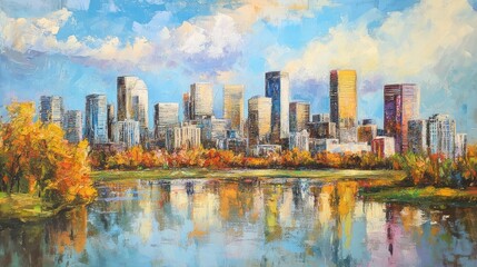 Obraz premium Autumnal Cityscape Reflection: A Vibrant Oil Painting of Denver's Skyline