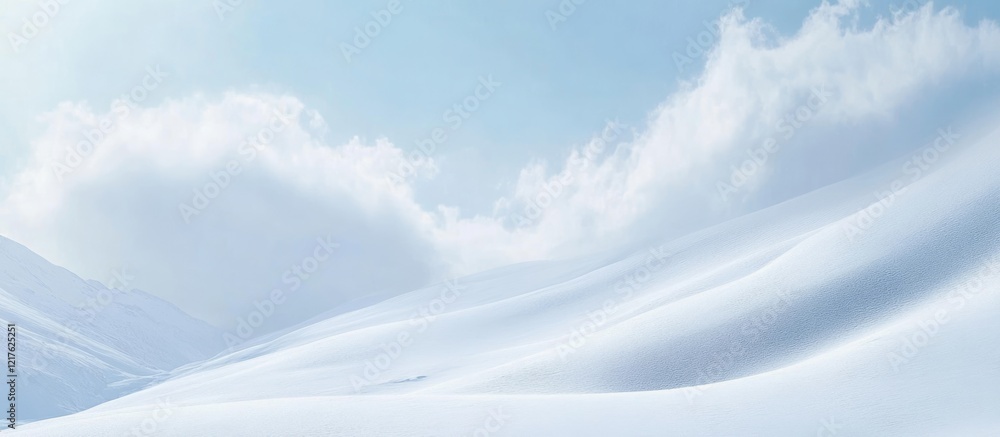 Poster snowy landscape with rolling hills and soft clouds in a blue sky featuring ample copy space for text