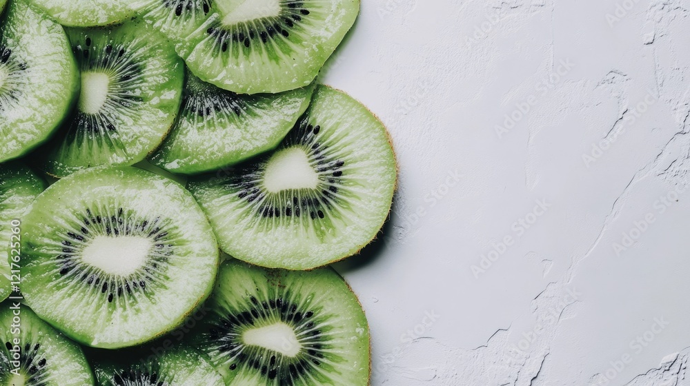Poster slices of fresh kiwi fruit arranged on a light textured background with copy space for text placemen