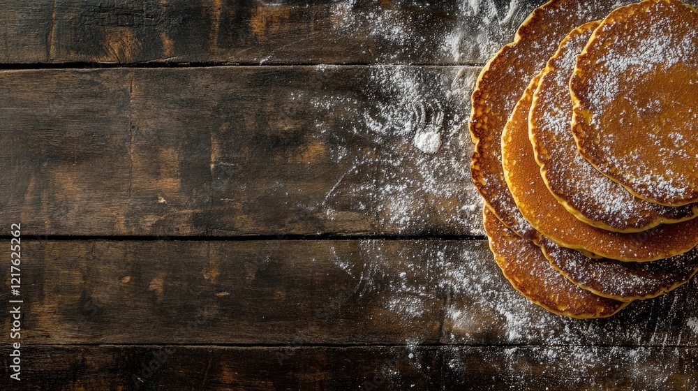 Poster stack of pancakes dusted with powdered sugar on a rustic wooden table with copy space for text.