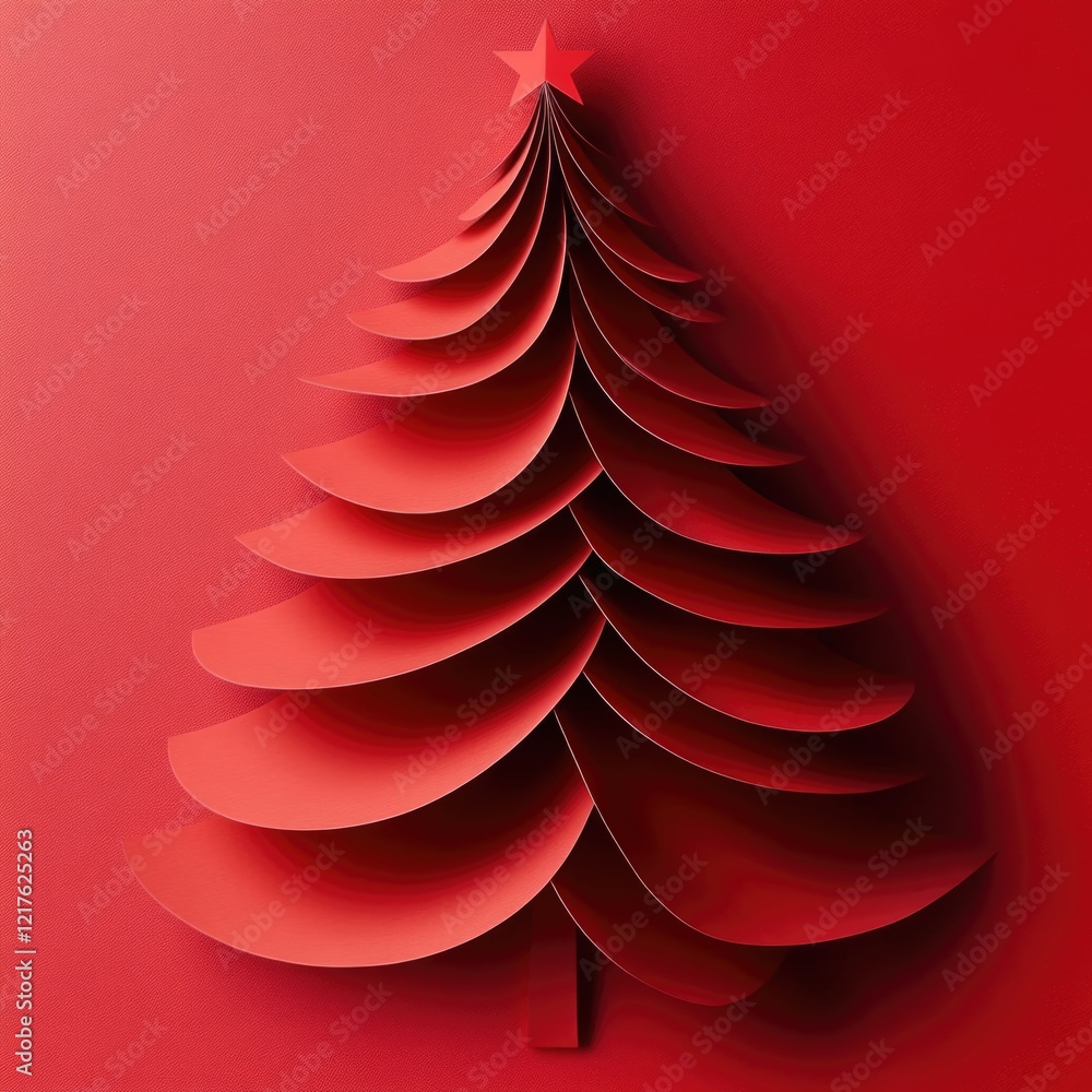 Poster red paper christmas tree with layered designs and star on top against a solid red background featuri