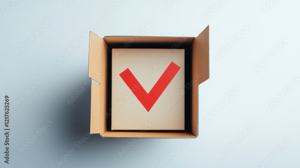 Poster cardboard box with check mark symbol inside on light background copy space
