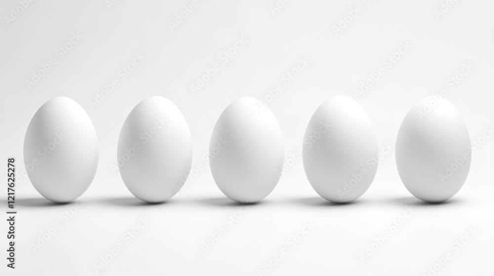 Poster white eggs arranged in a straight line on a clean white background with ample copy space for text pl