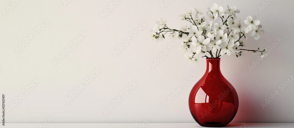 Poster red vase filled with white flowers on a minimalist background with ample copy space for text or desi