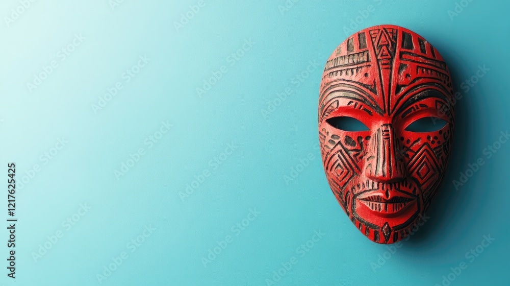 Poster red tribal mask with intricate patterns on a blue background, featuring copy space for text placemen