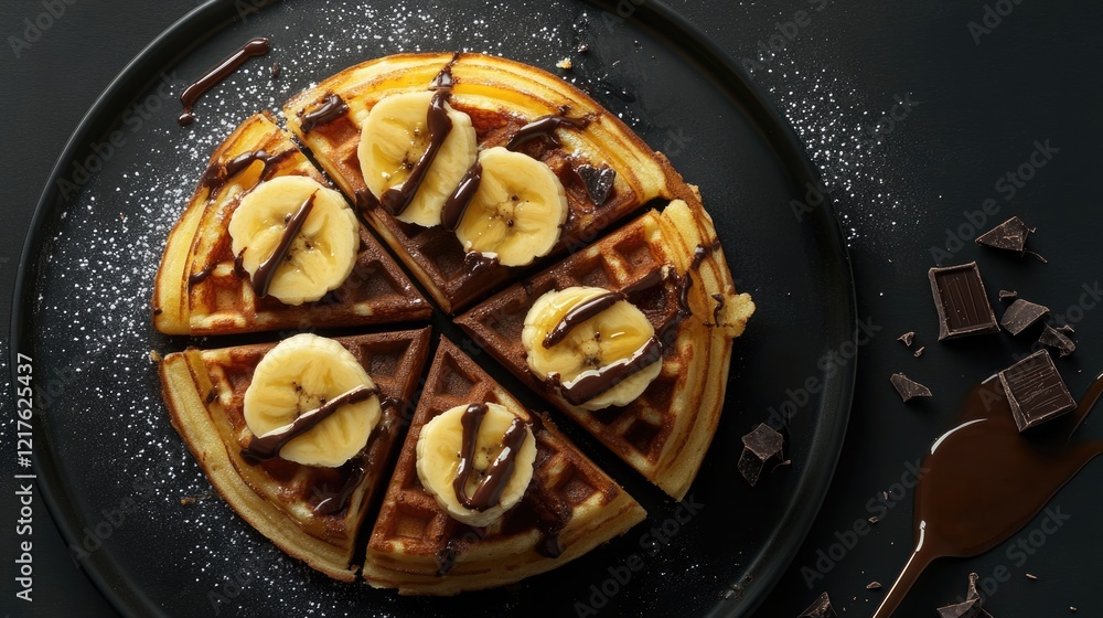 Poster waffles topped with banana slices and chocolate sauce arranged in a circular pattern on a dark plate