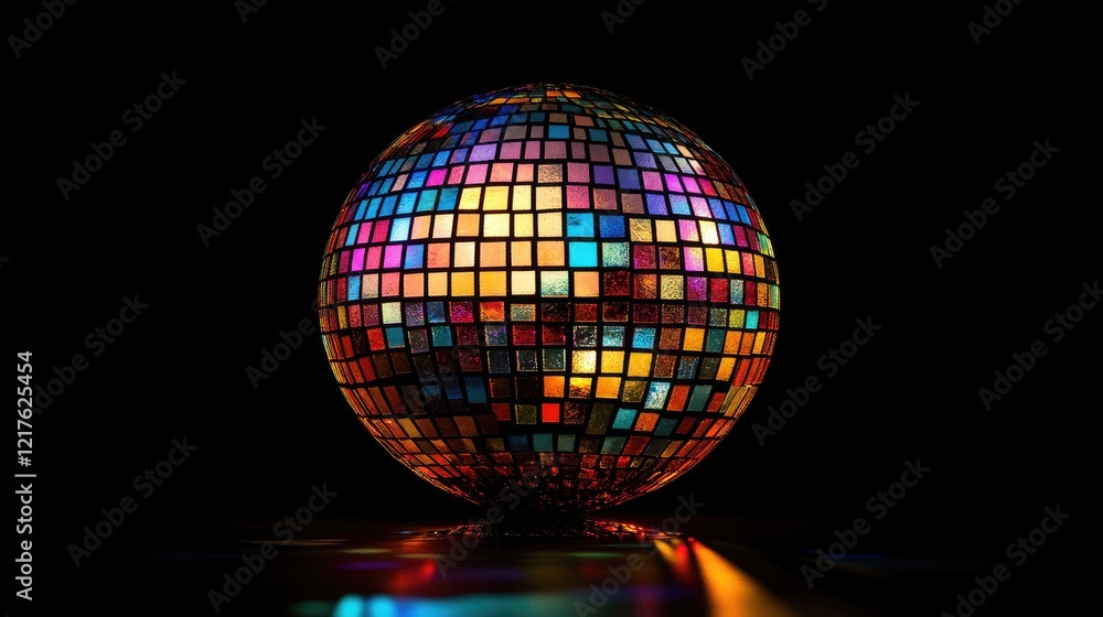Poster colorful disco ball with reflective tiles illuminated against a dark background with copy space for 