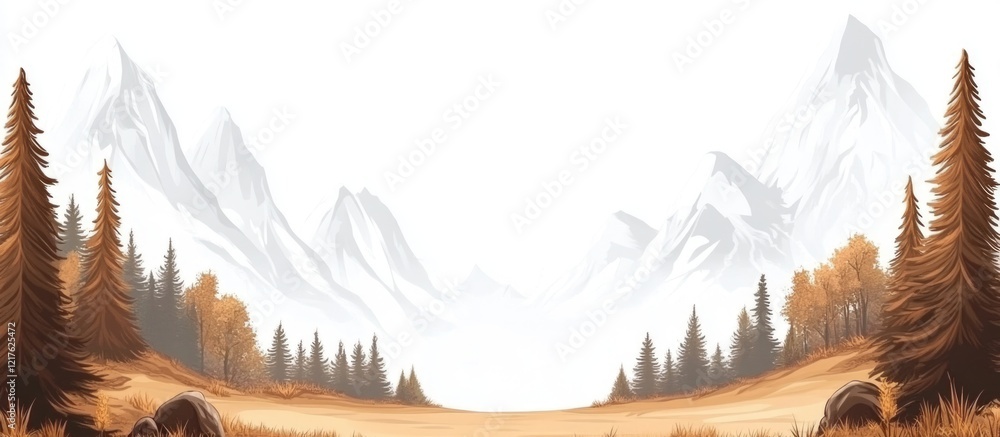 Poster autumn forest landscape with mountains in background and copy space for text
