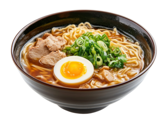 Delicious ramen bowl with noodles, meat, egg, and green onions, isolated on transparent cutout background